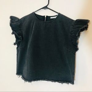k/lab Denim Ruffle Sleeve Top w/ Zipper Back
